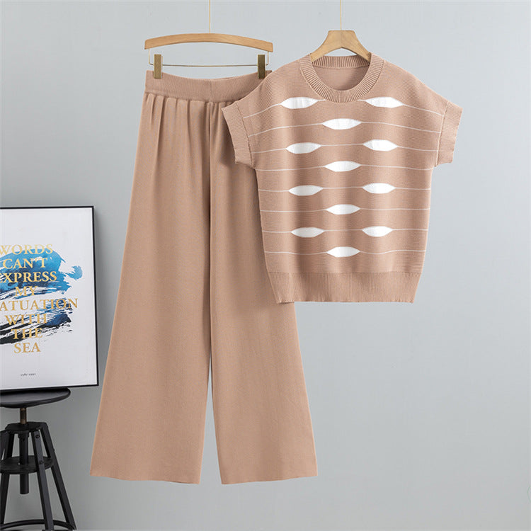 Khaki – Casual Striped Short-Sleeve Two Piece Set