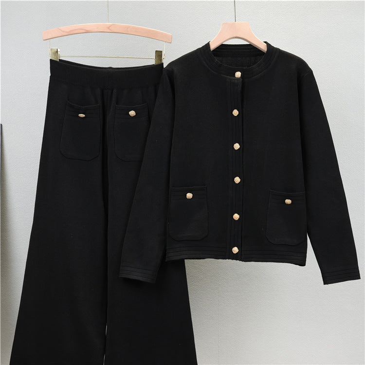 Black – Cardigan Top & Wide-Leg Pants Two Piece Set