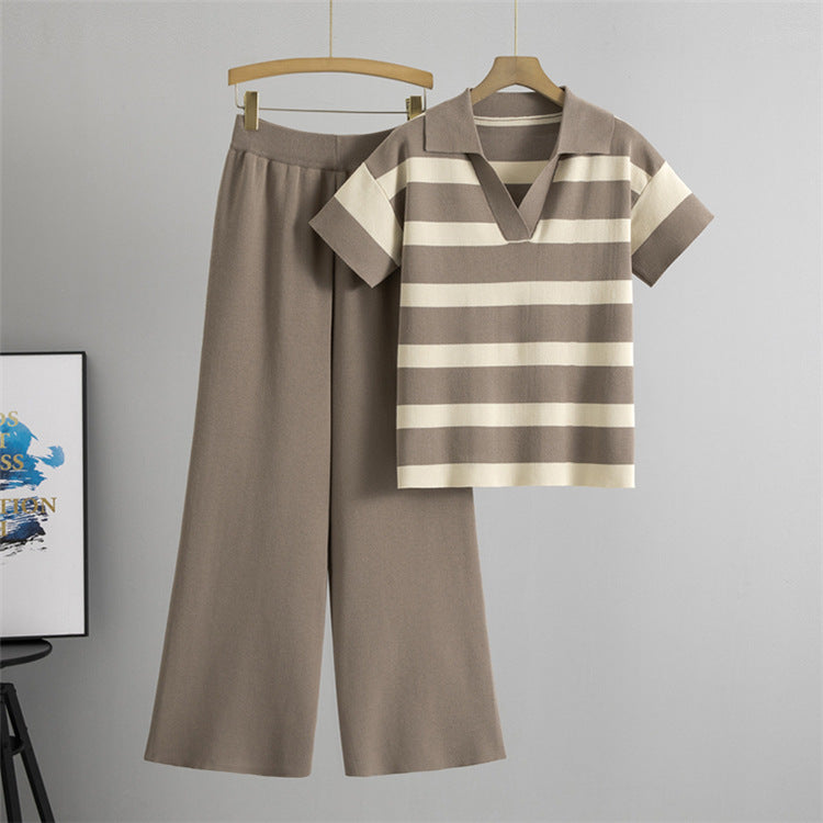 Camel – V-Neck Short Sleeve Striped Two Piece Set