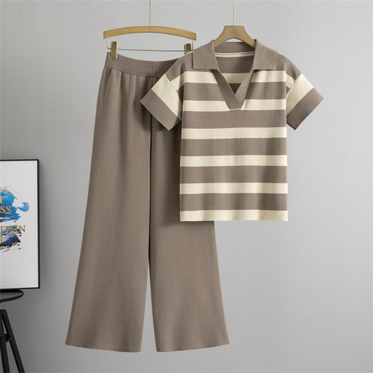 Camel – V-Neck Short Sleeve Striped Two Piece Set