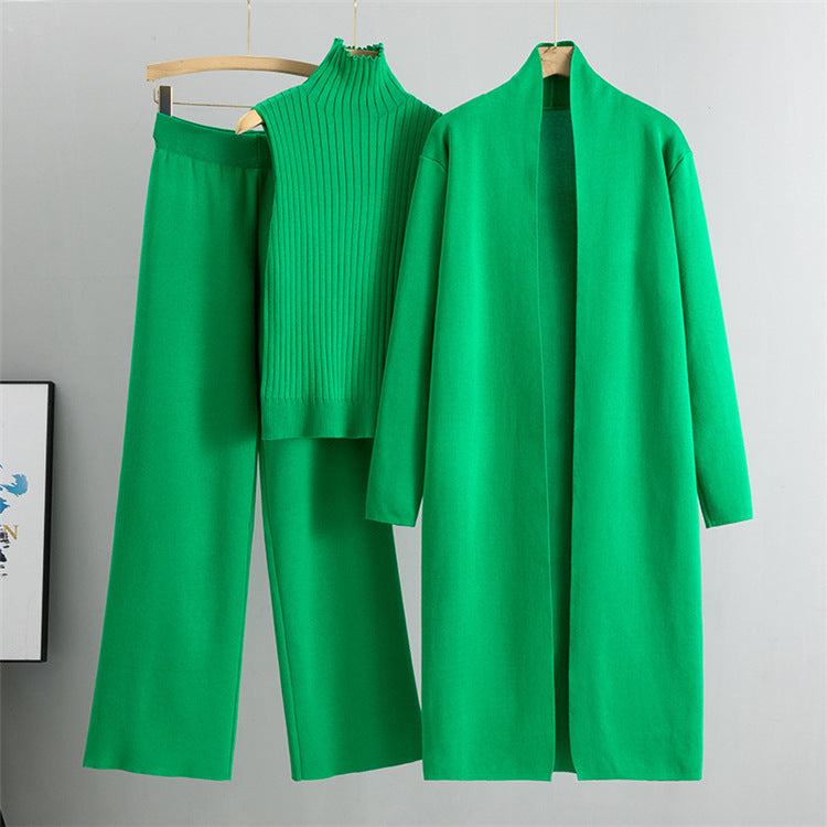 Green Elegant Knit Vest Three Piece Set.