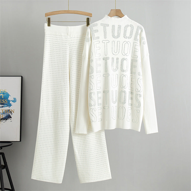White - Rhinestone Letter Casual Two Piece Set