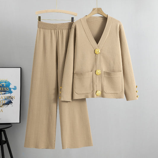 Knitted Cardigan Sweater Two Piece Set - Khaki