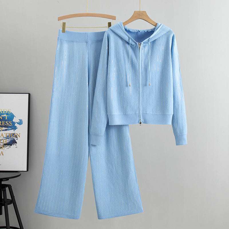 Blue - Loose Rhinestone Cardigan Two Piece Set