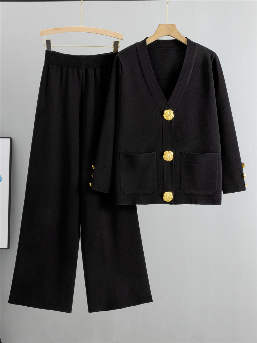 Knitted Cardigan Sweater Two Piece Set - Black