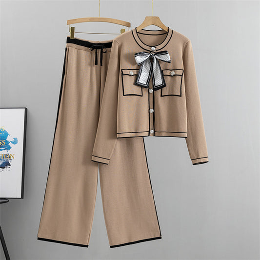 Khaki - Elegant Knitted Cardigan Two Piece Set