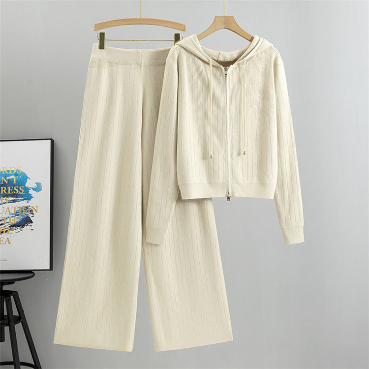 Apricot - Loose Rhinestone Cardigan Two Piece Set