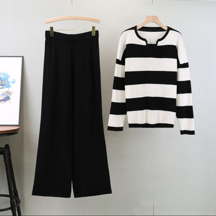 Black - Striped Knit Top & Pants Set