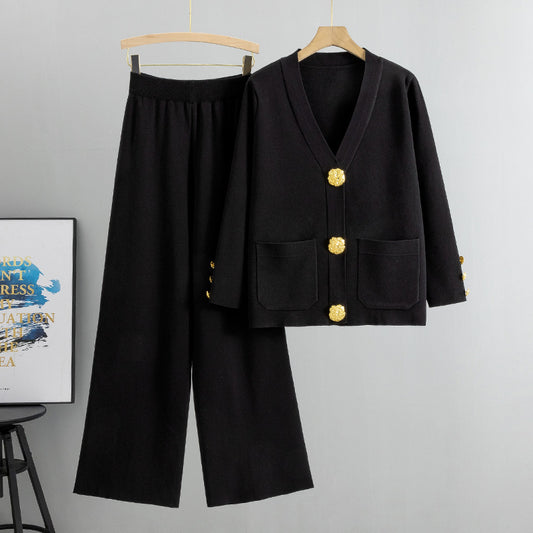 Knitted Cardigan Sweater Two Piece Set - Black
