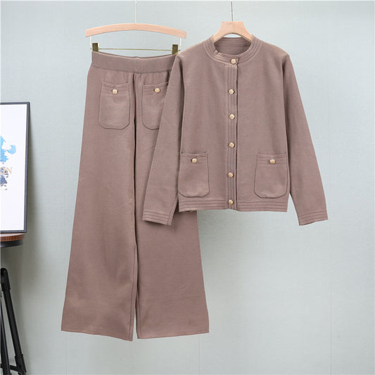 Khaki – Cardigan Top & Wide-Leg Pants Two Piece Set