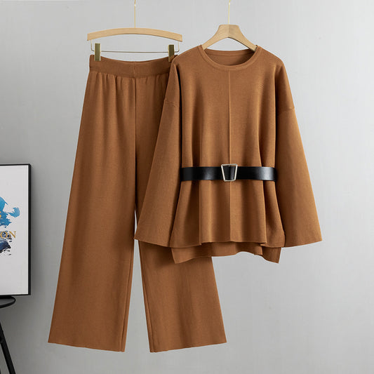 Coffee - Knitted Wide-Leg Pants & Sweater Two Piece Set