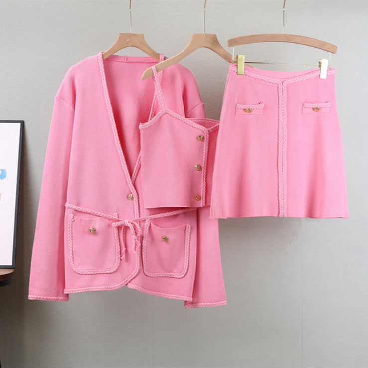 Pink – Knit Long Sleeve Cardigan Three Piece Set.