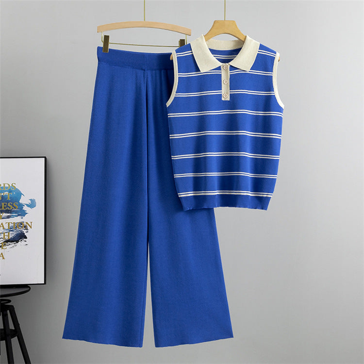 Blue - Lapelless Knitted Sleeveless Vest Two Piece Set