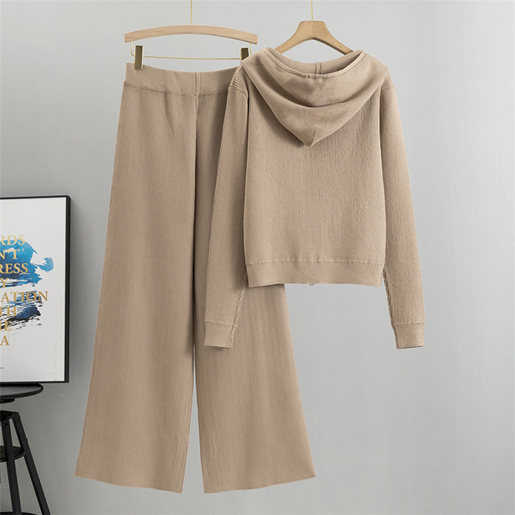 Khaki - Loose Rhinestone Cardigan Two Piece Set