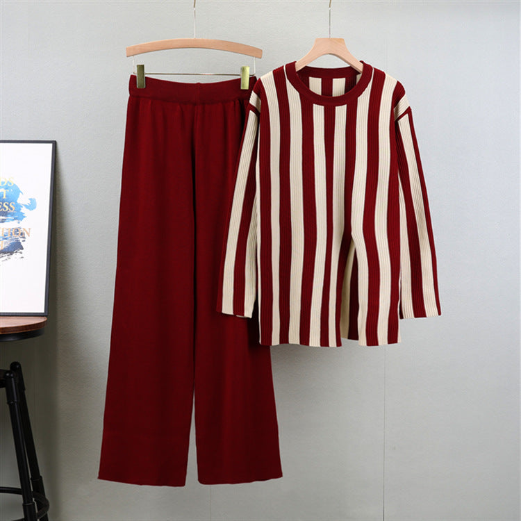 Red - Fashion Striped Split Hem Two Piece Set