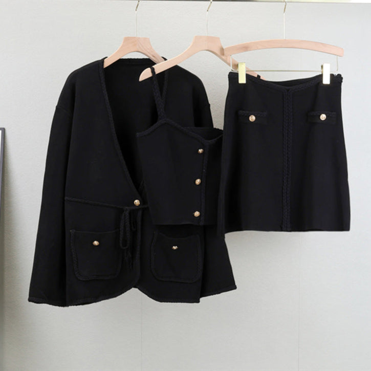 Black – Knit Long Sleeve Cardigan Three Piece Set.