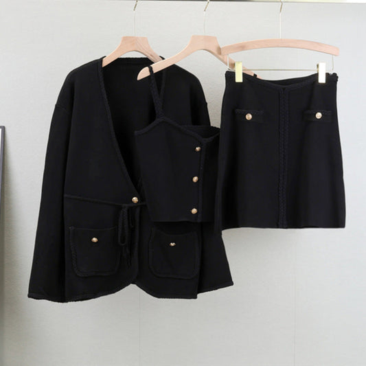 Black – Knit Long Sleeve Cardigan Three Piece Set.