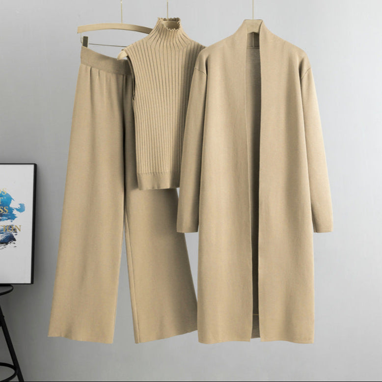 Khaki Elegant Knit Vest Three Piece Set