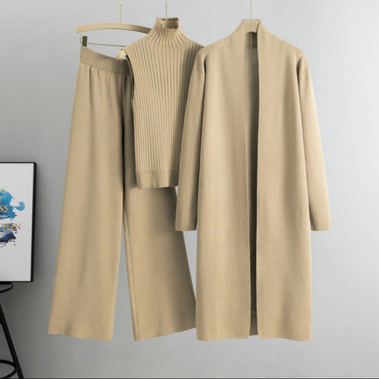 Khaki Elegant Knit Vest Three Piece Set