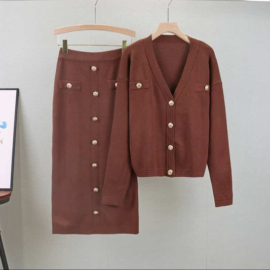 Coffee - Chanel-Inspired Cardigan Sweater Two Piece Set