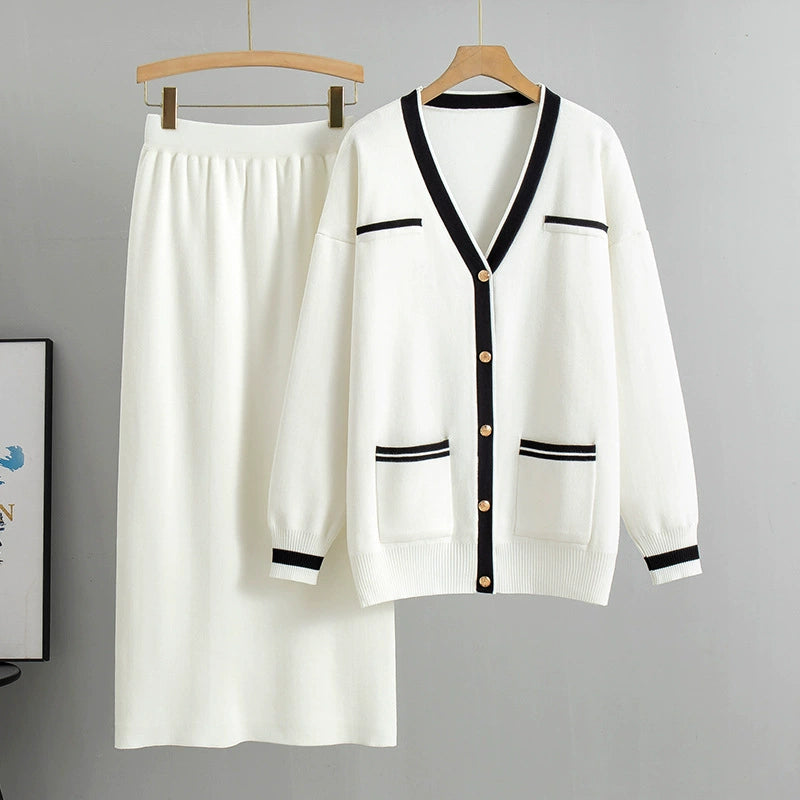 White - Loose Sweater & Midi Skirt Two Piece Set