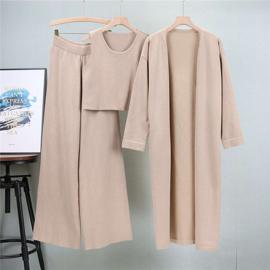 Khaki – Knit Shawl Cardigan Three Piece Set.