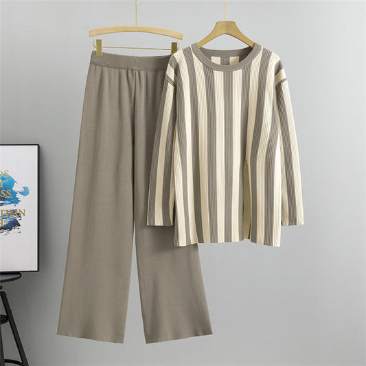 Camel - Fashion Striped Split Hem Two Piece Set