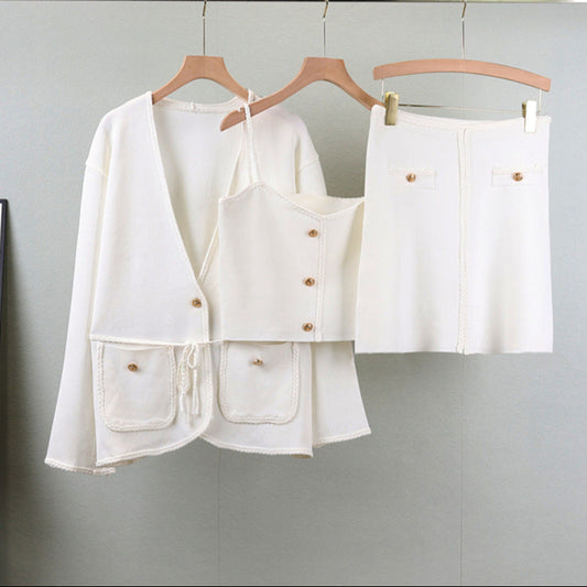 White – Knit Long Sleeve Cardigan Three Piece Set.