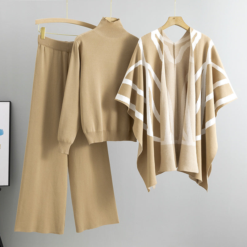 Khaki – Knit Sweater Shawl Three-Piece Set.