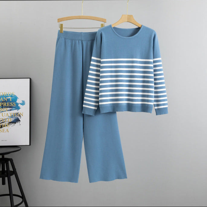 Peacock Blue - Trendy Striped Knitted Two Piece Set
