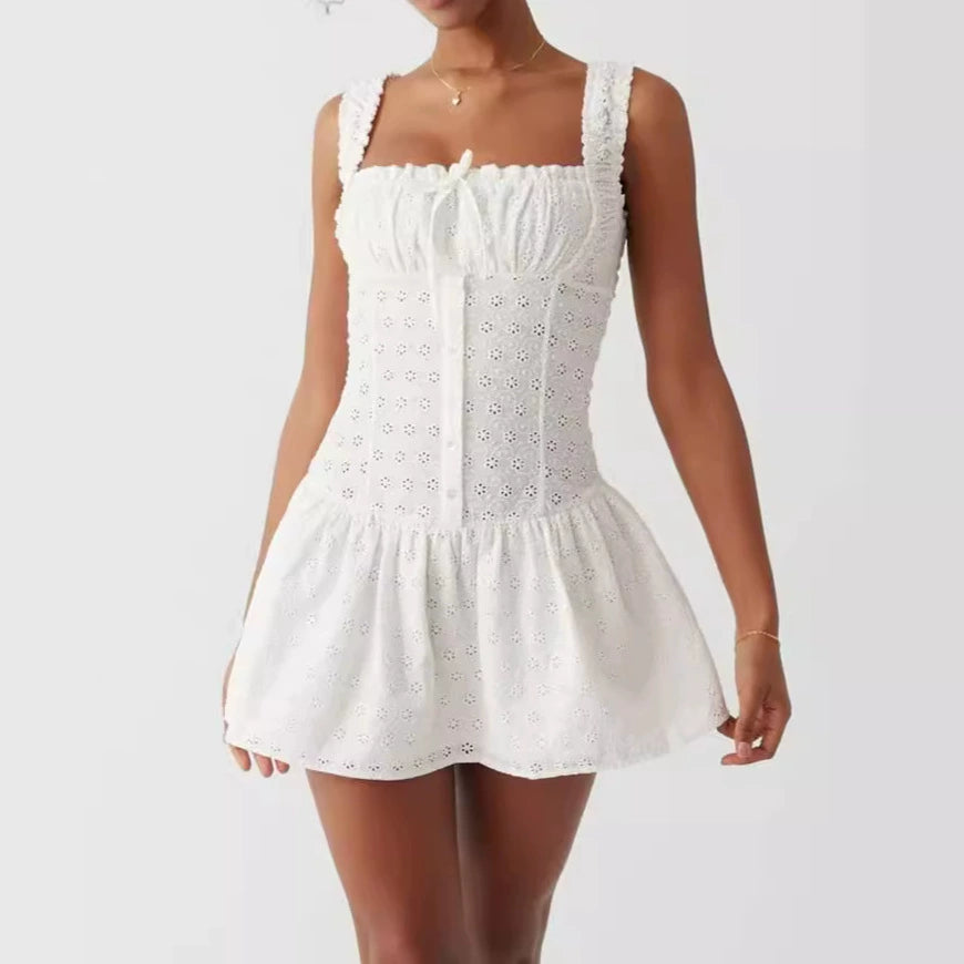 White - Lace Spliced Spaghetti Strap Dress