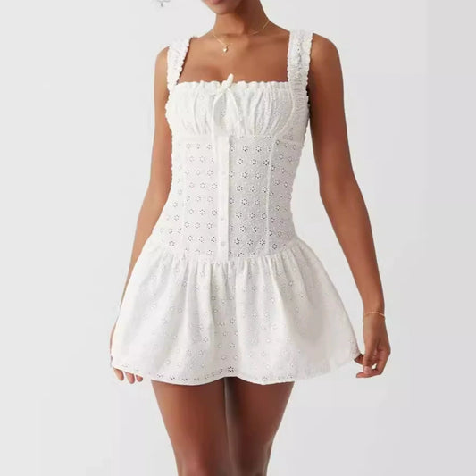 White - Lace Spliced Spaghetti Strap Dress