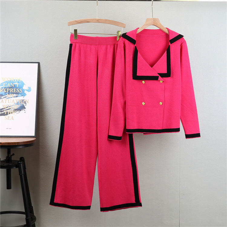 Red - Knitted Lapel Cardigan Two Piece Set