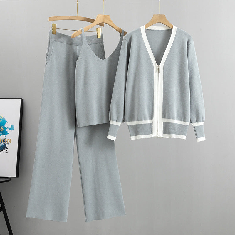 Gray – Knit Cardigan Cami Three Piece Set.
