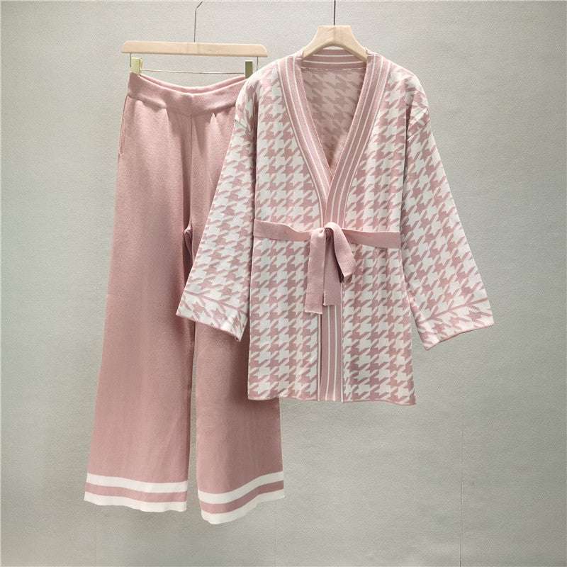 Pink - Mid-Length Knitted Cardigan Two Piece Set