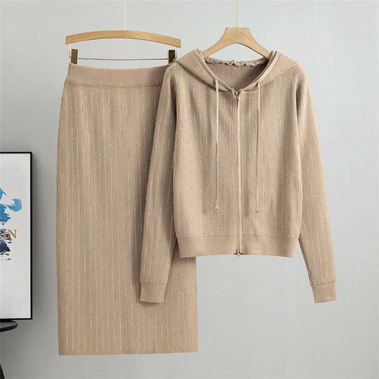 Khaki - Knitted Cardigan & Sweater Two Piece Set
