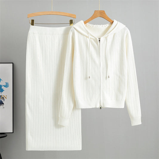 White - Knitted Cardigan & Sweater Two Piece Set