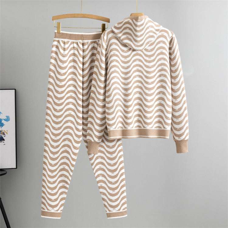 Khaki - Wavy Striped Sweater Two Piece Set
