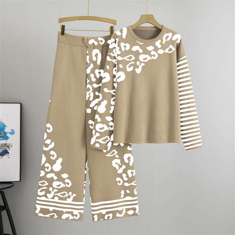 Khaki - Loose Leopard Print Sweater Two Piece Set