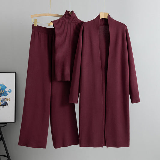 Wine Red Elegant Knit Vest Three Piece Set.