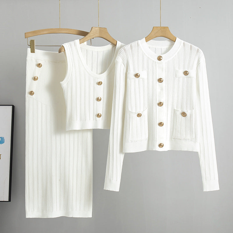 White – Cardigan Sweater Vest Three Piece Set.