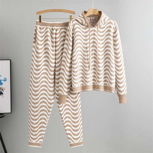 Khaki - Wavy Striped Sweater Two Piece Set