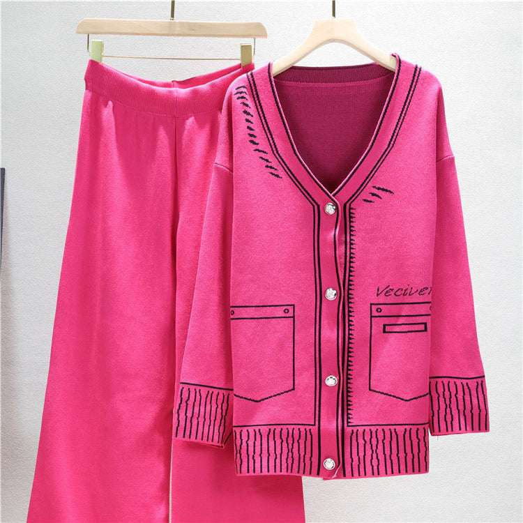 Rose Red Mid-Length Knitted Wide-Leg Two Piece Set