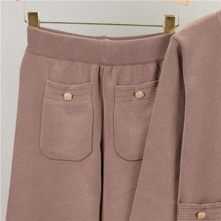 Khaki – Cardigan Top & Wide-Leg Pants Two Piece Set