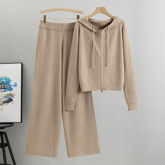 Khaki - Loose Rhinestone Cardigan Two Piece Set