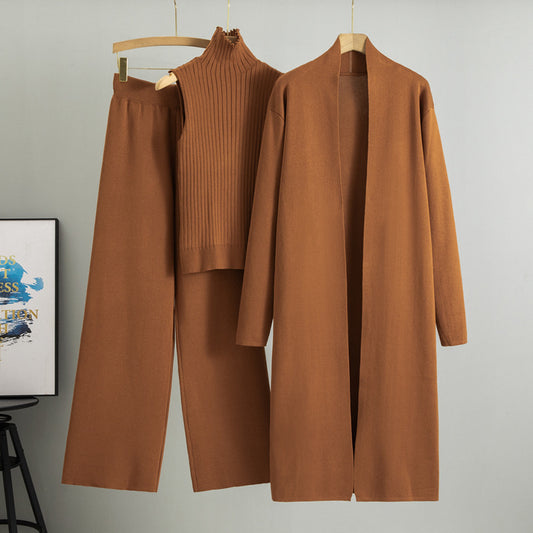 Caramel Elegant Knit Vest Three Piece Set.
