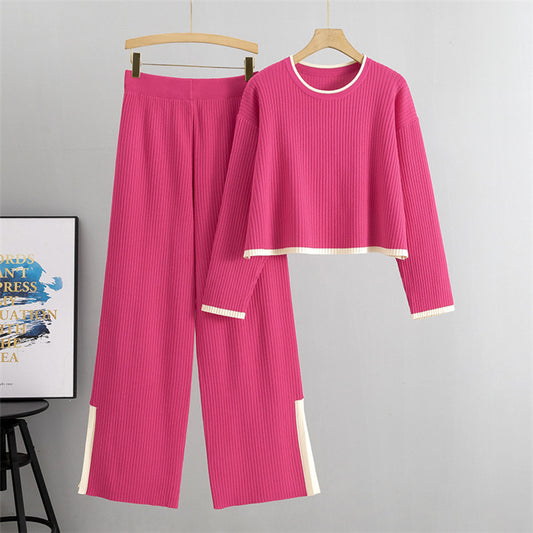 Rose Red - Knitted Sweater Wide-Leg Pants Two Piece Set