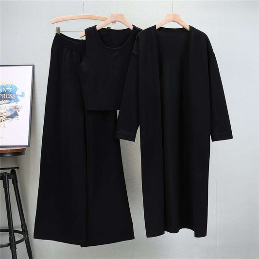 Black – Knit Shawl Cardigan Three Piece Set.