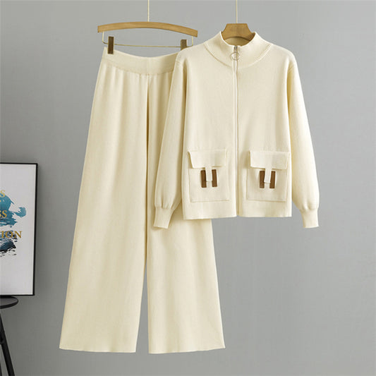 Apricot – Knitted Cardigan Wide-Leg Pants Set