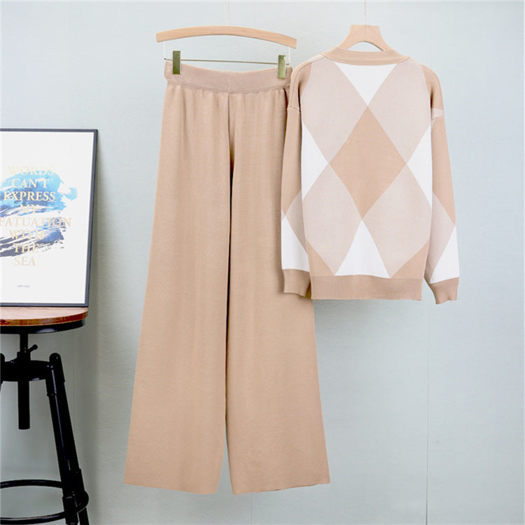 Khaki - Knitted Cardigan Fashion Two Piece Set